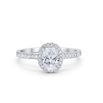 14K White Gold Halo Engagement Ring Oval Round Simulated Cubic Zirconia